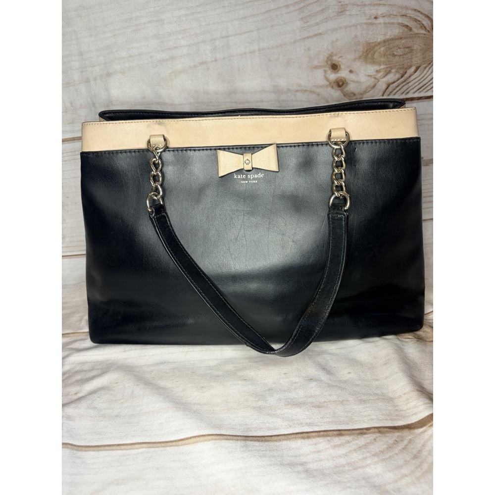 Kate Spade‎ New York Black Leather Tote Bow Chain Strap Shoulder Bag